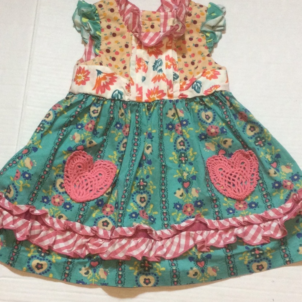 Matilda Jane Teal Dress with Pink Crochet Heart Pockets